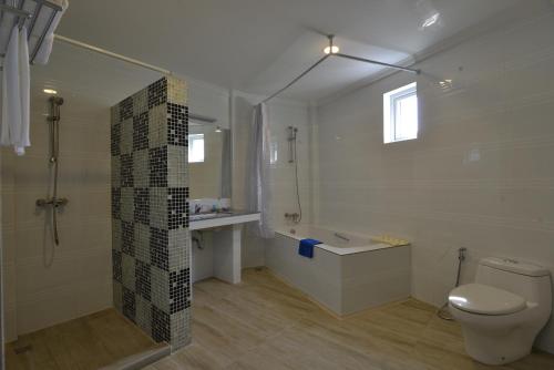 a bathroom with a shower and a toilet and a sink at Serene Valley Hotel in Yangon