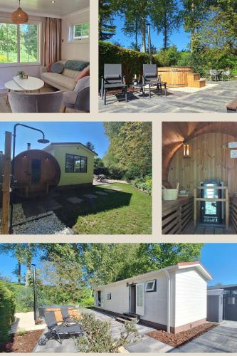 a collage of pictures of a house and a caravan at Stelle Maris Wellness, carefree enjoyment! Private Sauna & Hottub in Zeeland, Airco, Free Wifi and more! in Heinkensand
