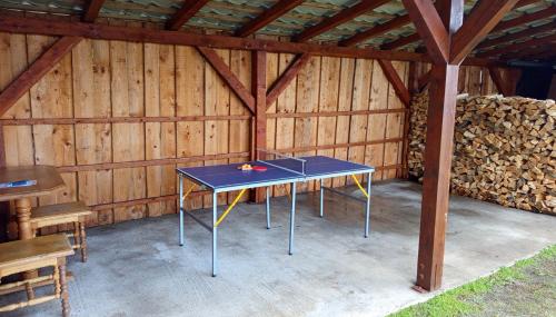 a ping pong table in a wooden cabin at Apartmán Ústie in Trstená