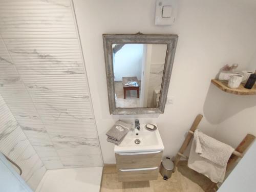 a bathroom with a sink and a mirror at La croisée des destins in Viviers