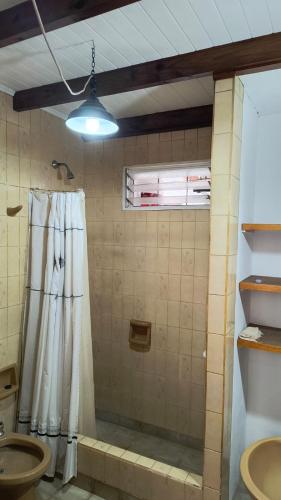 een badkamer met een douche met een douchegordijn bij Casa Quinta Pichi Ruca in Coronel Suárez