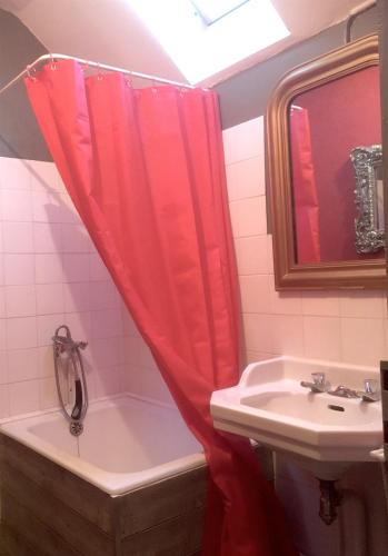 une salle de bain avec un rideau de douche et un lavabo dans l'établissement La maison de vacances, à Lalizolle