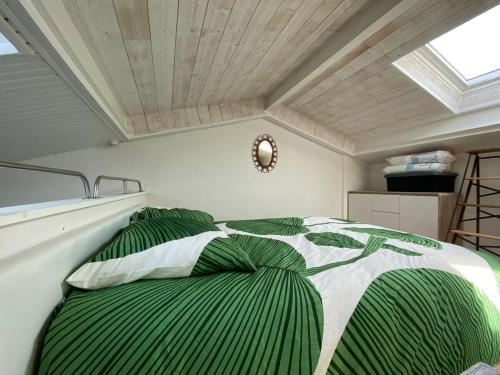 ein Schlafzimmer mit einem Bett mit grün-weißer Bettwäsche in der Unterkunft Charmant appartement au coeur de la ville in La Rochelle