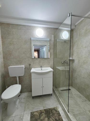 a bathroom with a toilet and a sink and a shower at Hostel „La Galan” in Rădăuţi
