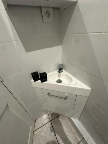 - une salle de bains blanche pourvue d'un lavabo dans l'établissement Paris Malakoff Garden Apartments, à Malakoff