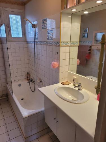 une salle de bain avec un lavabo, une douche et une baignoire dans l'établissement Maison calme avec jardin fleuri, à Vannes