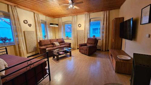 a living room with two chairs and a tv at Ferienwohnungen zur Post - 102 in Weidenberg