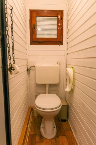 a small bathroom with a toilet and a window at Honeydew Cottage in camp Terme Čatež in Čatež ob Savi