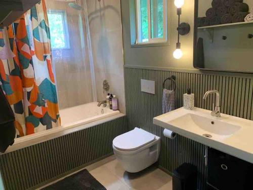 a bathroom with a sink and a toilet and a tub at Seaside House and Aloha Bungalow in Pahoa