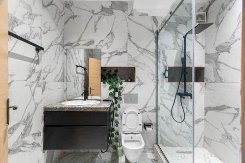 a bathroom with a toilet and a sink and a shower at Unique one bedroom apartment in Ilado