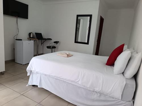 a bedroom with a white bed with red pillows at Zindi Zindiza Lodge in Sandrivier