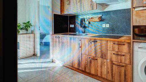 une cuisine avec des armoires en bois et un évier dans l'établissement Nice barelli, à Nice