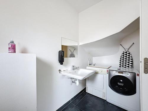 une salle de bain blanche avec une machine à laver et un lavabo dans l'établissement Maison spacieuse tout équipée Dolet, à Clermont-Ferrand