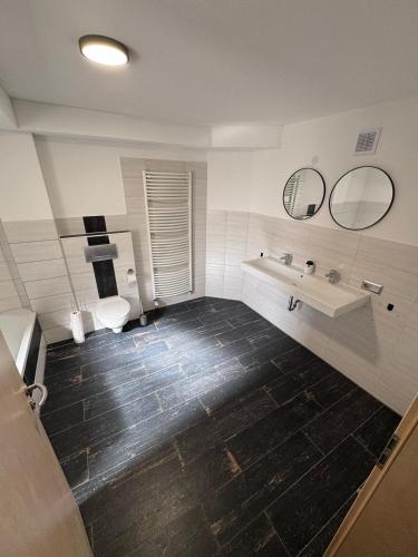 a bathroom with a sink and a toilet and two mirrors at Bavaria Home Apartment Rohrbach in Rohrbach