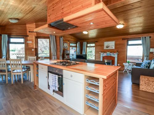 - une cuisine et un salon avec une cuisinière dans une cabine dans l'établissement The Beach House, à Ilfracombe