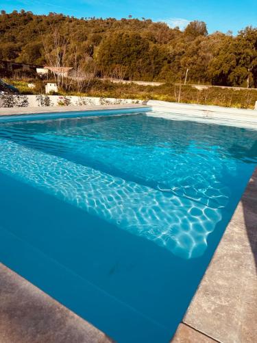 une piscine bleue avec une montagne en arrière-plan dans l'établissement L Alba Serena, à Migliacciaro
