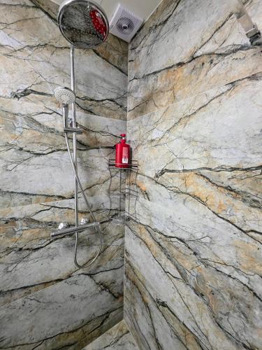 a shower in a bathroom with a stone wall at Palanga Studio Apartment with a Pool in Palanga