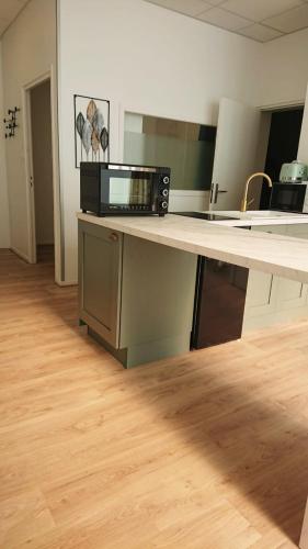 a kitchen with a counter top with a microwave at HYPER CENTRE AVEC JARDIN 47m2 COSY in Boulogne-sur-Mer