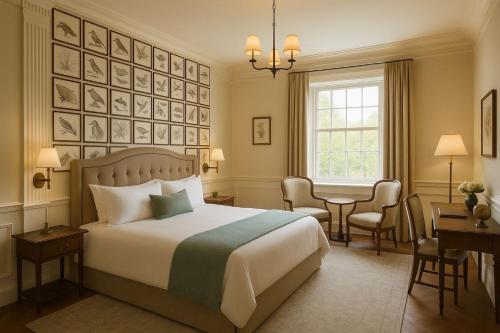 a bedroom with a bed and a desk and a window at Moorhill House Hotel in Burley