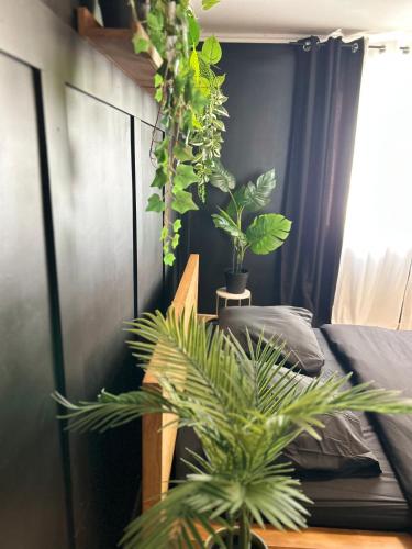 - une chambre avec deux plantes en pot et un lit dans l'établissement Guibert Home - Studio 2 personnes, à Villeneuve-le-Roi