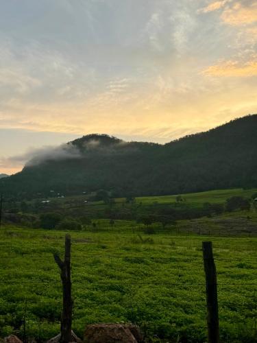 a fence in a field with a mountain in the background at Valle de Cerocahui Hotel in Cerocahui