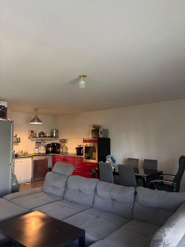 un salon avec un canapé et une cuisine dans l'établissement T2 avec terrasse à Lattes proche mer centre ville, à Lattes