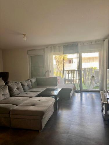 un salon avec un canapé et une table dans l'établissement T2 avec terrasse à Lattes proche mer centre ville, à Lattes