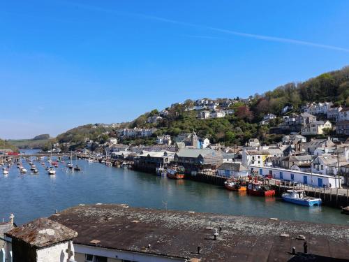 a view of a town with boats in the water at Albany in Looe