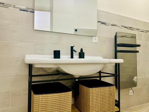 une salle de bain avec un lavabo et un miroir dans l'établissement AA G Cocon Lamartine - City center, à Nice