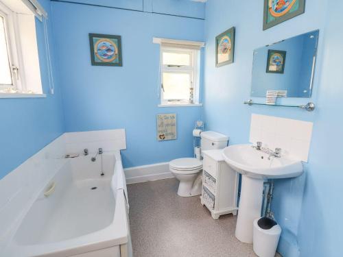 Un baño azul con inodoro y lavabo. en Swifts, en Ventnor