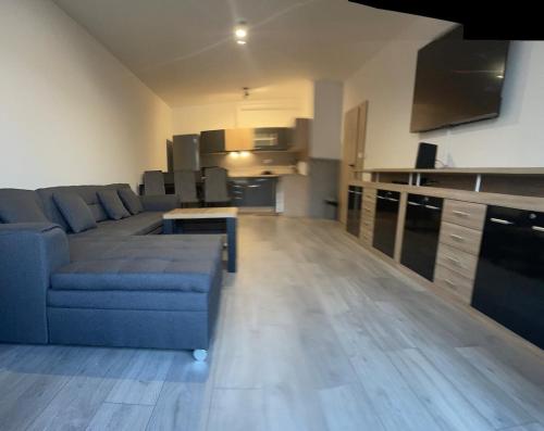 ライエツケ・テプリツェにある2 bedroom apartment center with balcony Rajecké Tepliceの青いソファとキッチンのあるリビングルーム