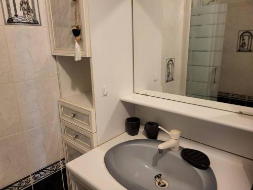 une salle de bain avec un lavabo et un miroir dans l'établissement Appartement 3 pièces proche de la mer et centre avec parking privatif, à Valras-Plage