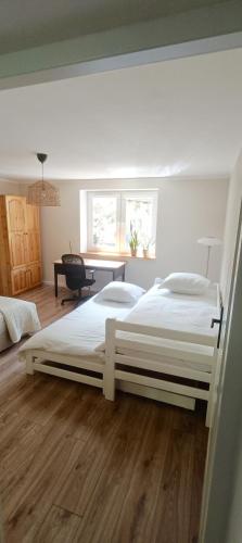 a bedroom with two beds and a desk at Leśne Szlaki AP Apartment's in Jedlina-Zdrój