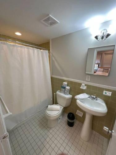 a bathroom with a toilet and a sink at Chic Metro South End Studio in Boston