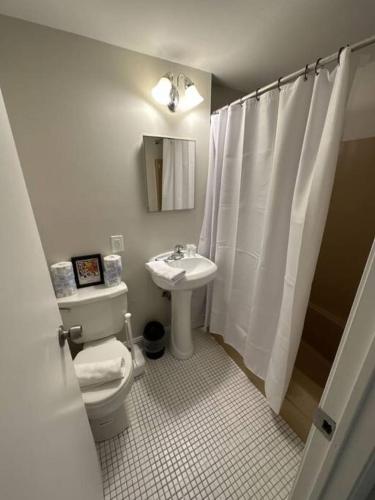 a bathroom with a toilet and a sink at Modern studio apartment in Boston