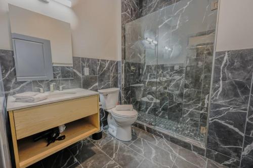 a bathroom with a toilet and a sink and a mirror at Classic and Chic Apartment 1 Bedroom in Boston