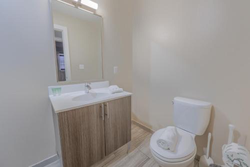 Un baño con inodoro, lavabo y espejo. en Luxury Furnished Loft near Park Street Station, en Boston