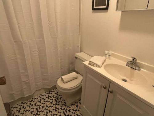 a white bathroom with a toilet and a sink at Cozy and Modern 1 Br in Kenmore Sq in Boston