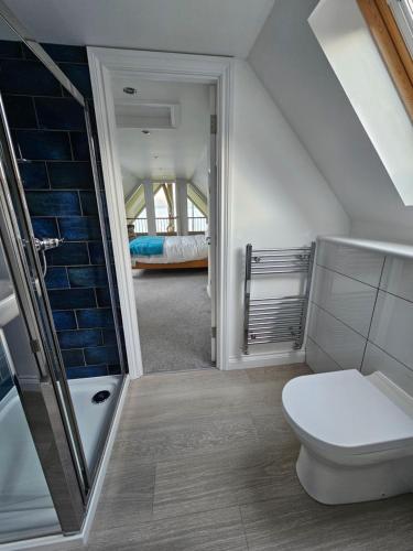a attic bathroom with a toilet and a shower at Seabank House in Oban