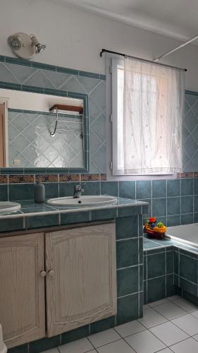 une cuisine avec un évier, un miroir et une baignoire dans l'établissement Villa L'orée du bois Provence, à Puget-sur Argens