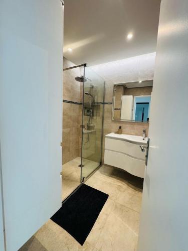 une salle de bain avec une douche en verre et un lavabo dans l'établissement Beautiful apartment stunning view of the Lion de Mer, à Saint-Raphaël