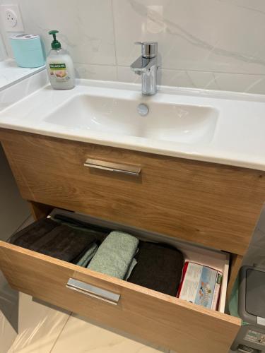 La salle de bains est pourvue d'une coiffeuse, d'un lavabo et de serviettes. dans l'établissement Annecy Naila's apartement, à Annecy