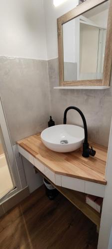 une salle de bain avec un lavabo blanc et un miroir dans l'établissement Beau T2 Trégastel avec jardin, proche plages et commerces, à Trégastel