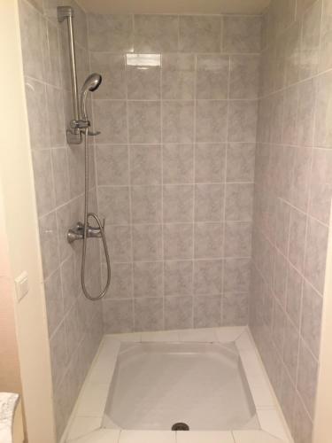 a bathroom with a shower with a tiled wall at Maison Centre Historique in Sarlat-la-Canéda