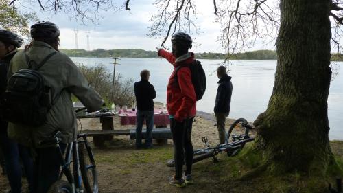 a group of people standing around a picnic table by the water at Severin Kursuscenter og Konferencehotel in Middelfart
