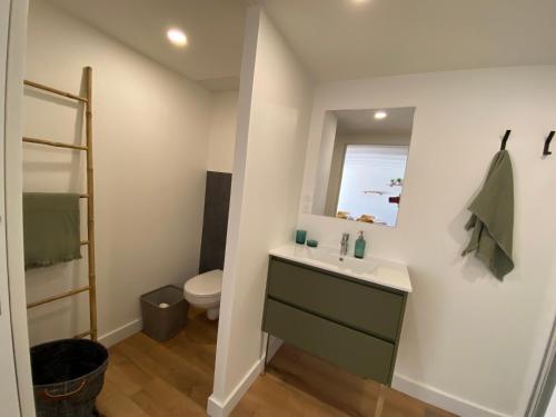 un bagno con lavandino e WC di Lodge de Penfrat, une parenthèse en campagne aux portes de la ville a Quimper