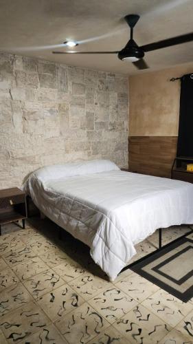 a bedroom with a large white bed and a tv at La Casa del Arbol in Chelem