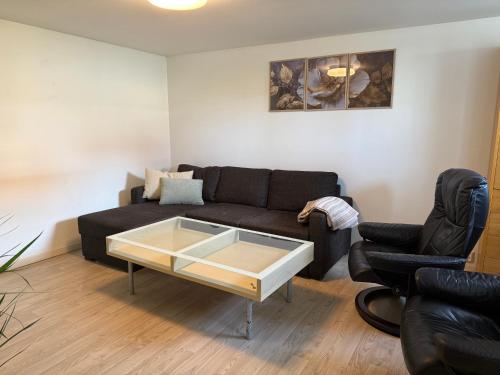 a living room with a couch and a coffee table at Cozy apartment in ås sentrum One bedroom, one common room, one kitchen and bathroom with tub in Ås