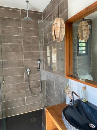 a bathroom with a shower and a sink at Charmant Bungalow indépendant proche de laéroport in Antananarivo