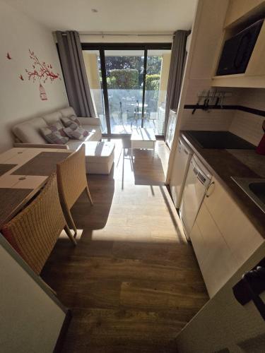 une cuisine et un salon avec un canapé et une table dans l'établissement Matisse 12 Appartement F2 RDJ, à Cannes